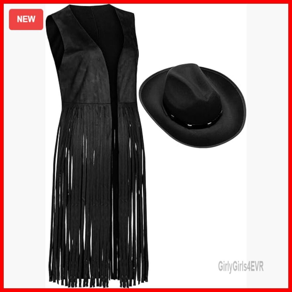 Faux Suede Fringe Vest with Cowgirl Hat, Western 70s Hippie Costume Set